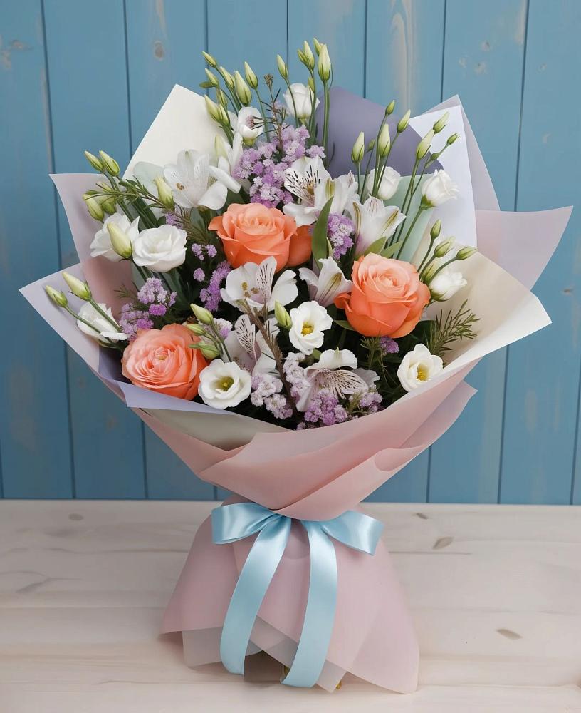 Букет цветов из: Лизиантусы, Розы, Альстромерии и Гипсофила в Первомайском Томской области