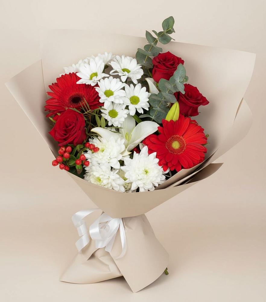 Букет цветов из: Розы, Хризантемы, Герберы и Лилии в Первомайском Томской области